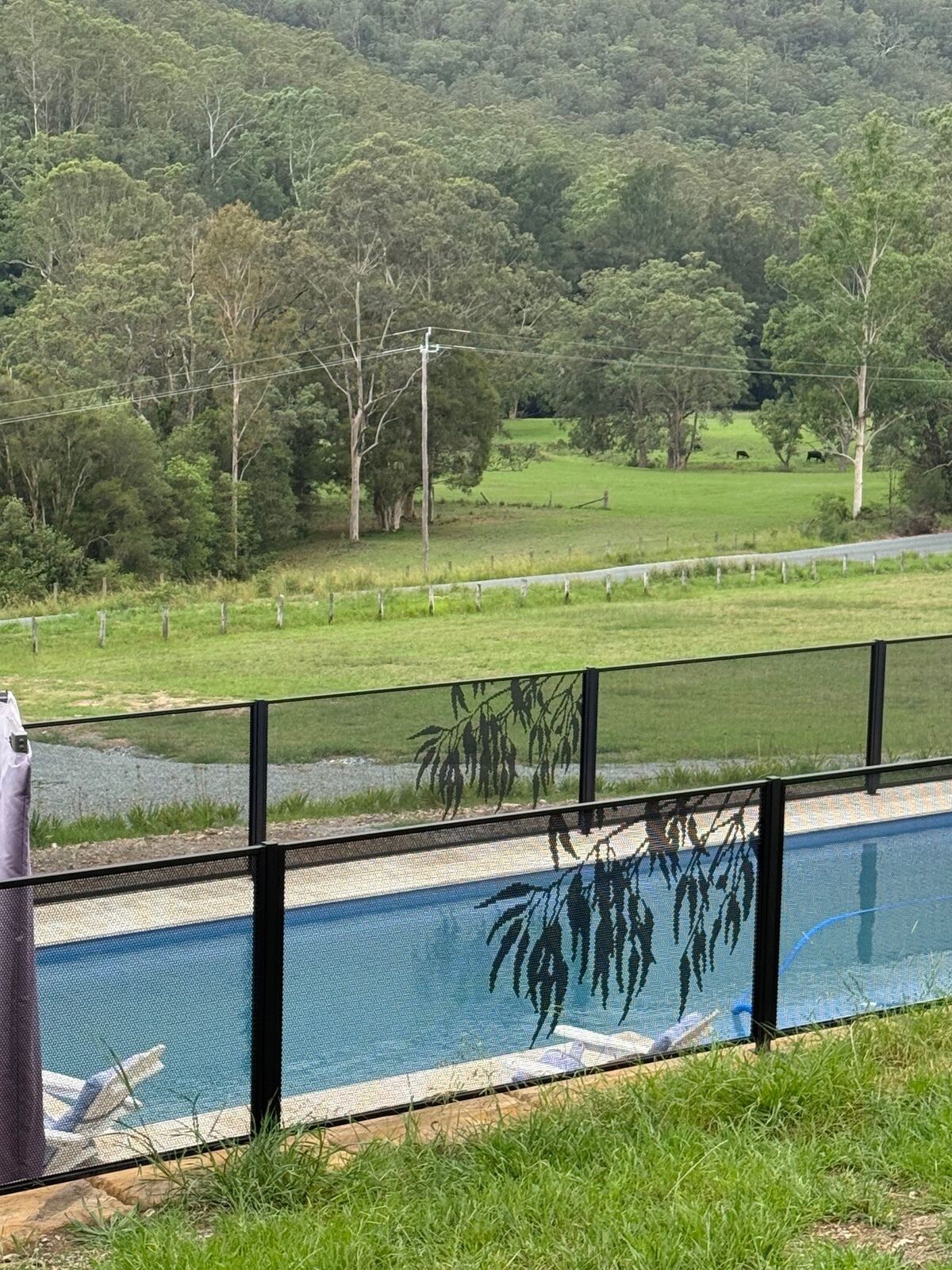 Gum design pool fencing in Textured Black with hinterland views, NSW Mid North Coast