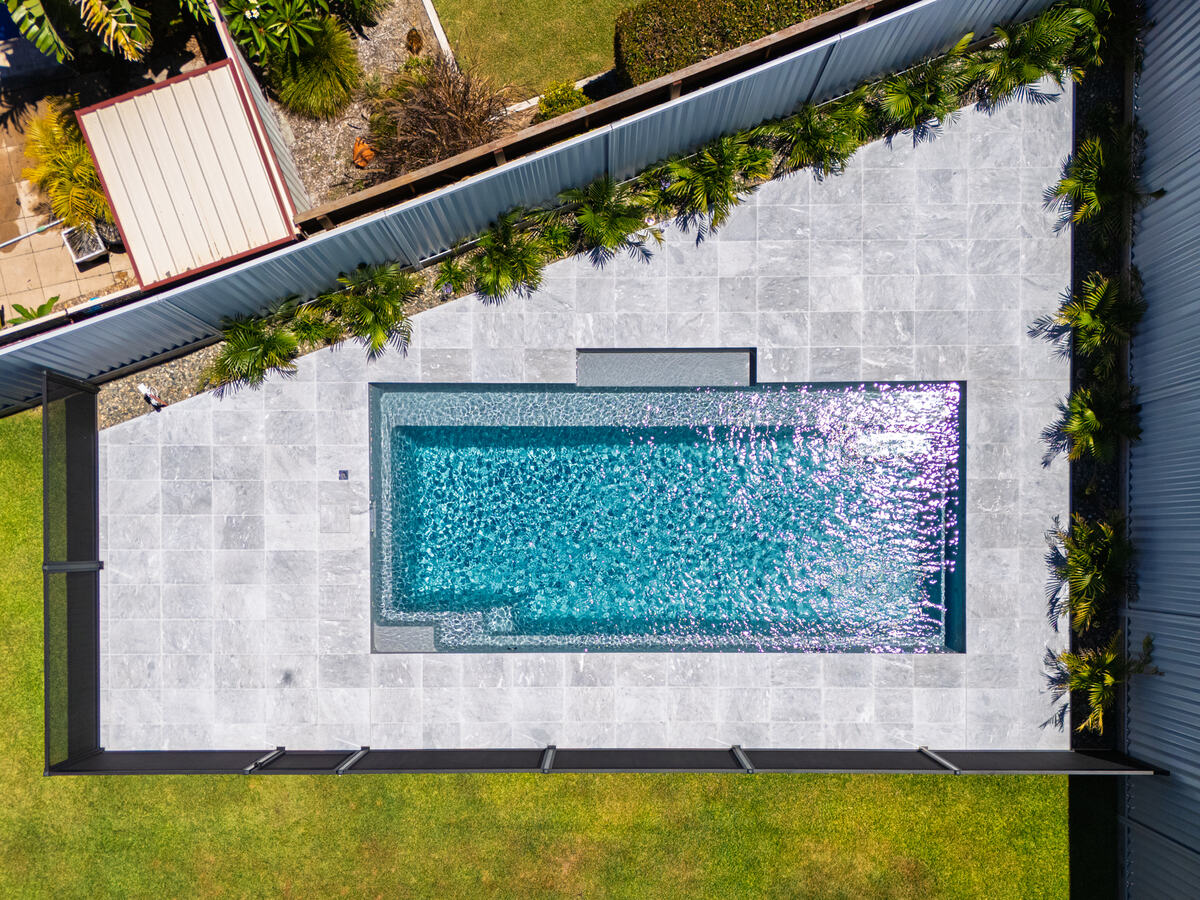 Top-down aerial of Pure Perf fenced plunge pool, NSW Mid North Coast
